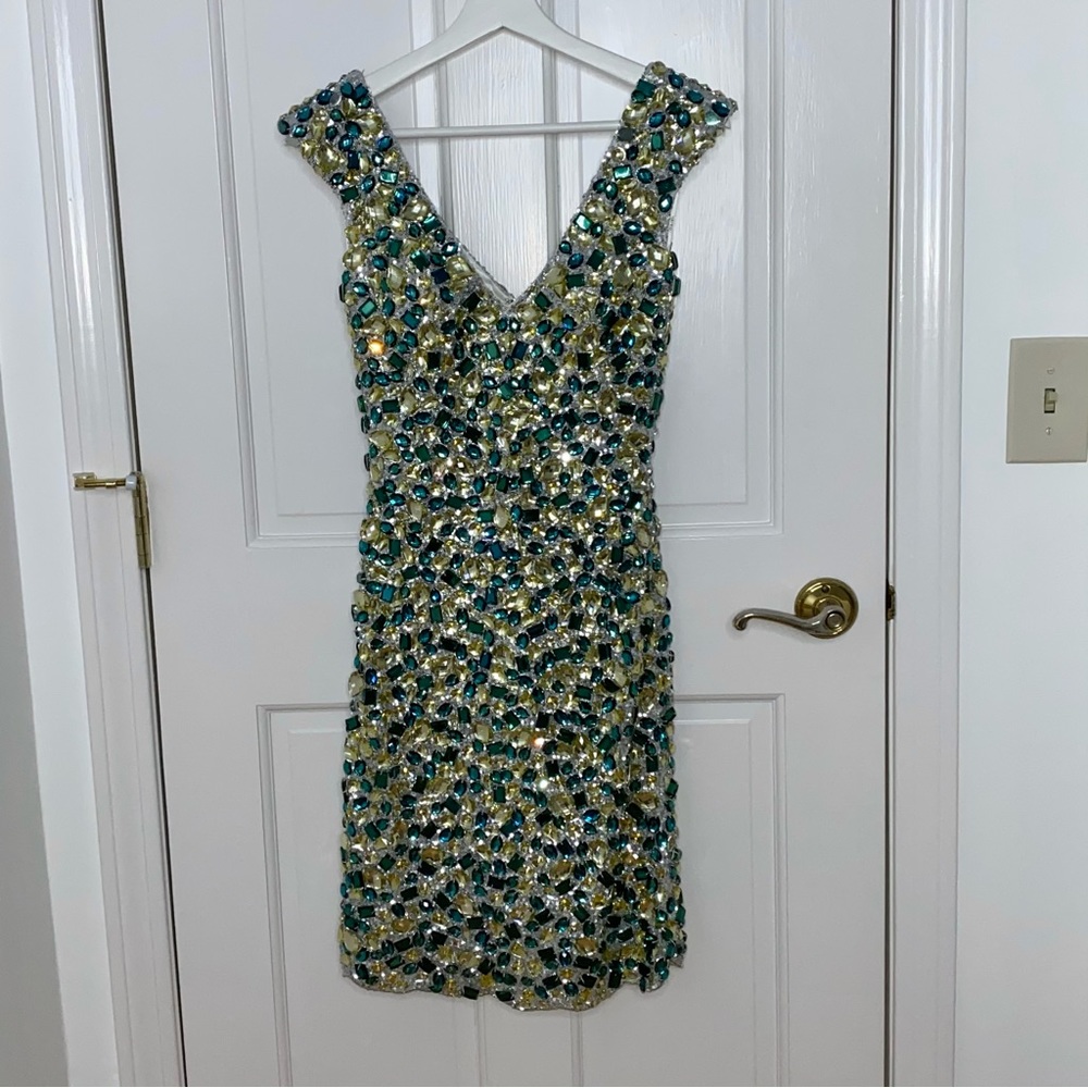 NWT Mini Crystals & Sequins Teal Sparkly Cocktail Dress Size 2 - Picture 3 of 9